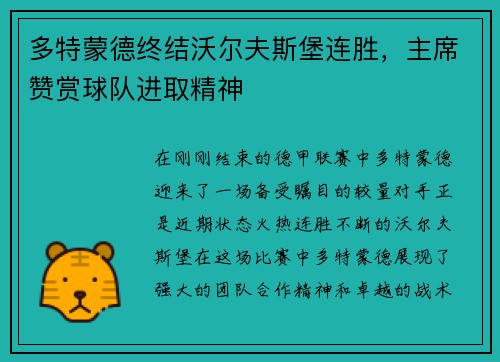 多特蒙德终结沃尔夫斯堡连胜，主席赞赏球队进取精神